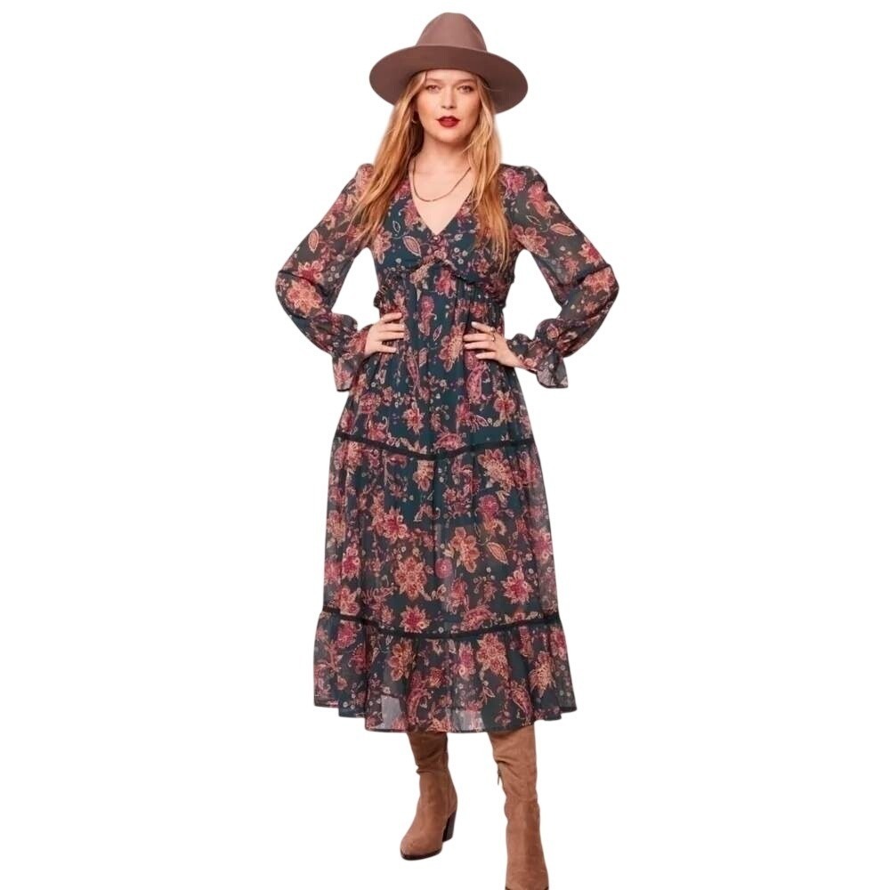 Band of the Free Pine Paisley Empire Waist Midi Boho Dress Size Small NWT